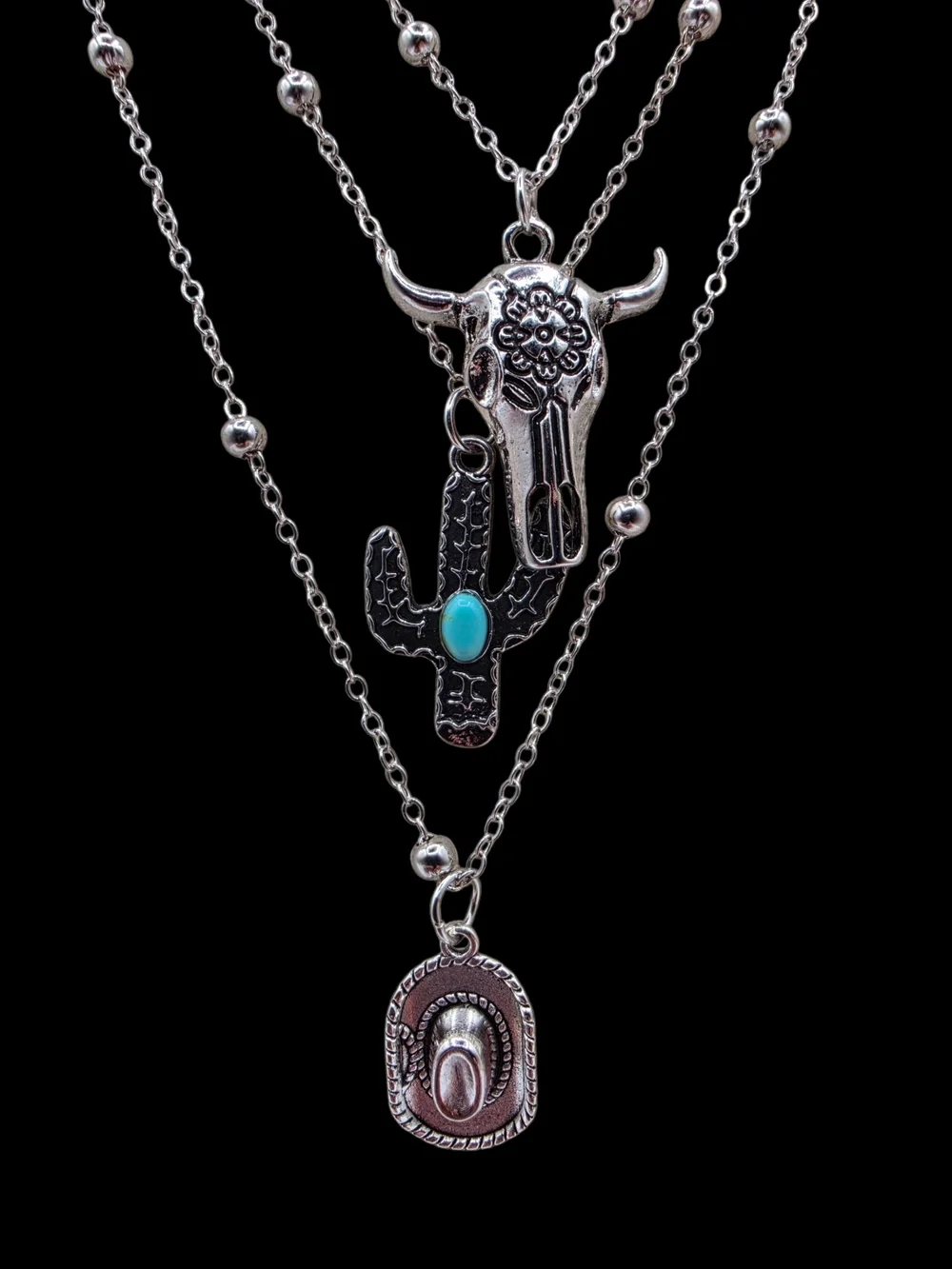 ✨ Silver-Tone Layered Western Pendant Necklace Set Boho Cowgirl ✨
